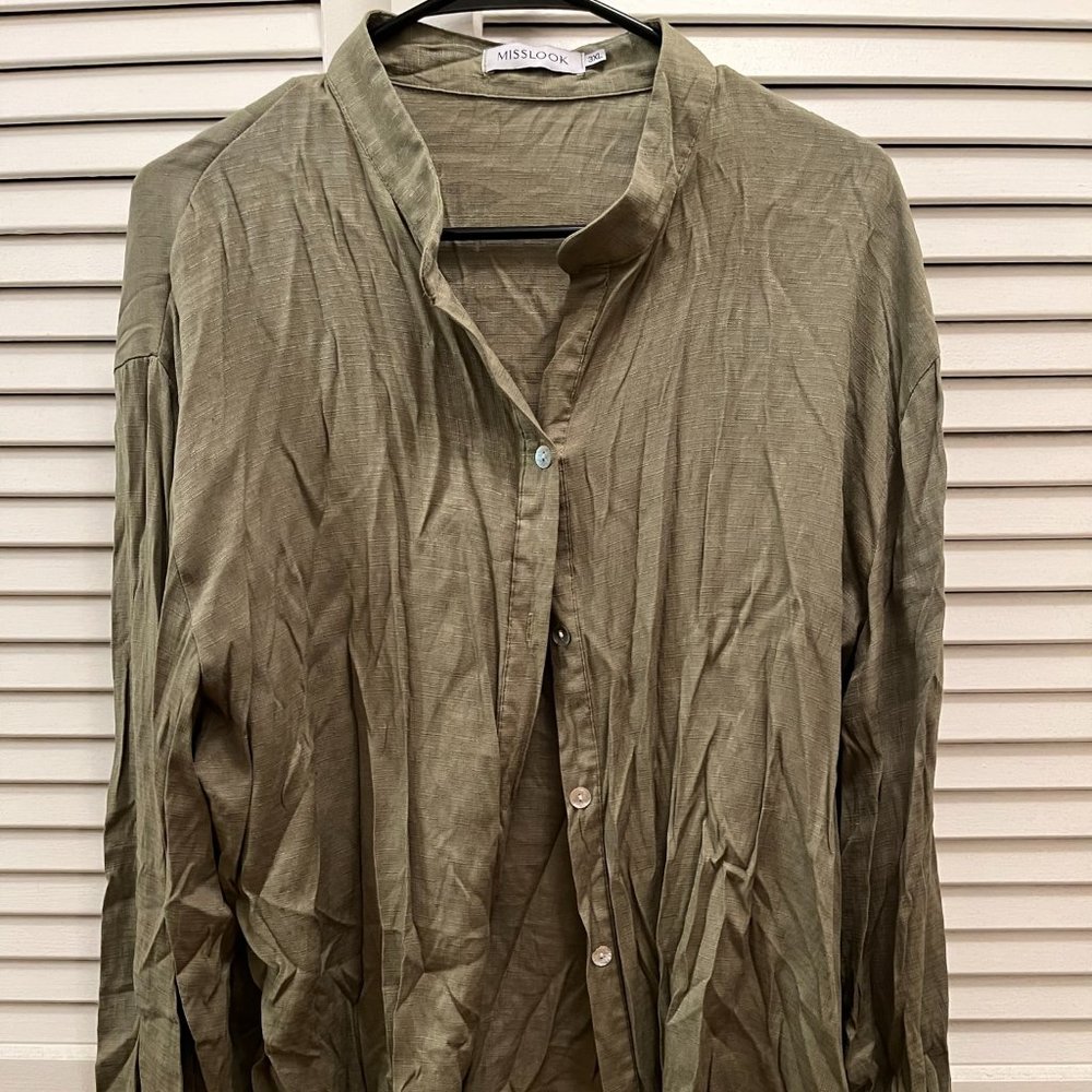 Sage green linen button down shirt, flowy and flattering